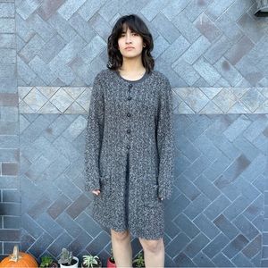 Grey Knitted Knee Length, Black Button Up Cardigan